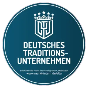Traditionsbutton: Traditionsunternehmen seit über 100 Jahren. Grafik mit Siegel Deutsches Traditions-Unternehmen.