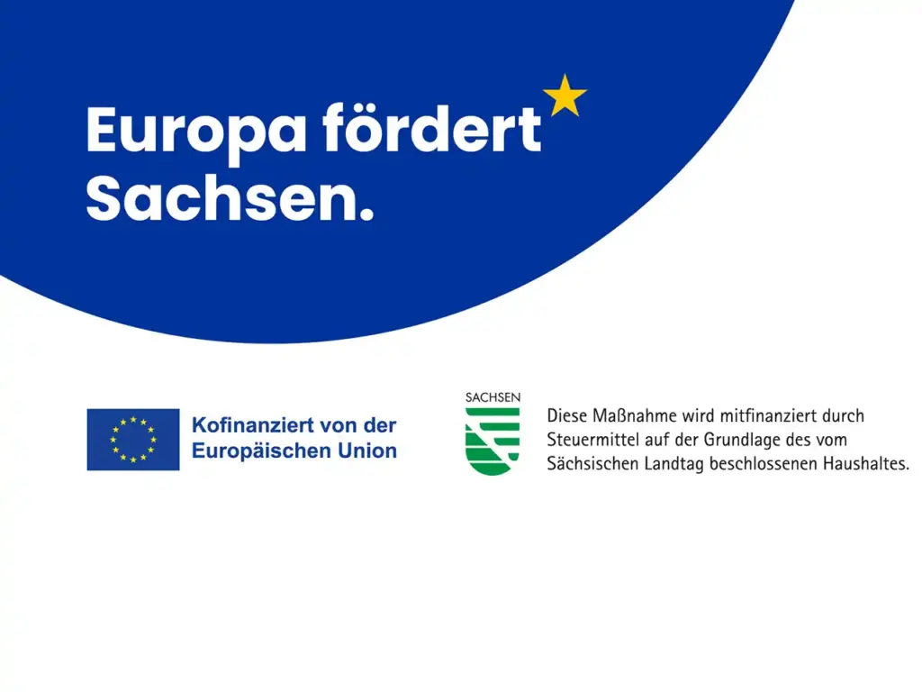 Europa fördert Sachsen. EU-Flagge, Sachsen-Logo und Hinweis zur Kofinanzierung.